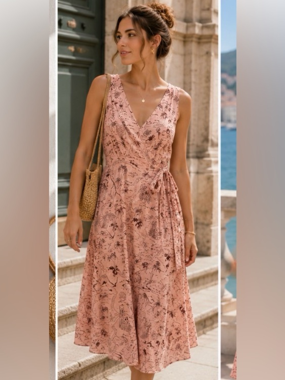 & Other Stories Paris Atelier Pink Map Print Wrap Mini Dress Tie Waist Size US 2